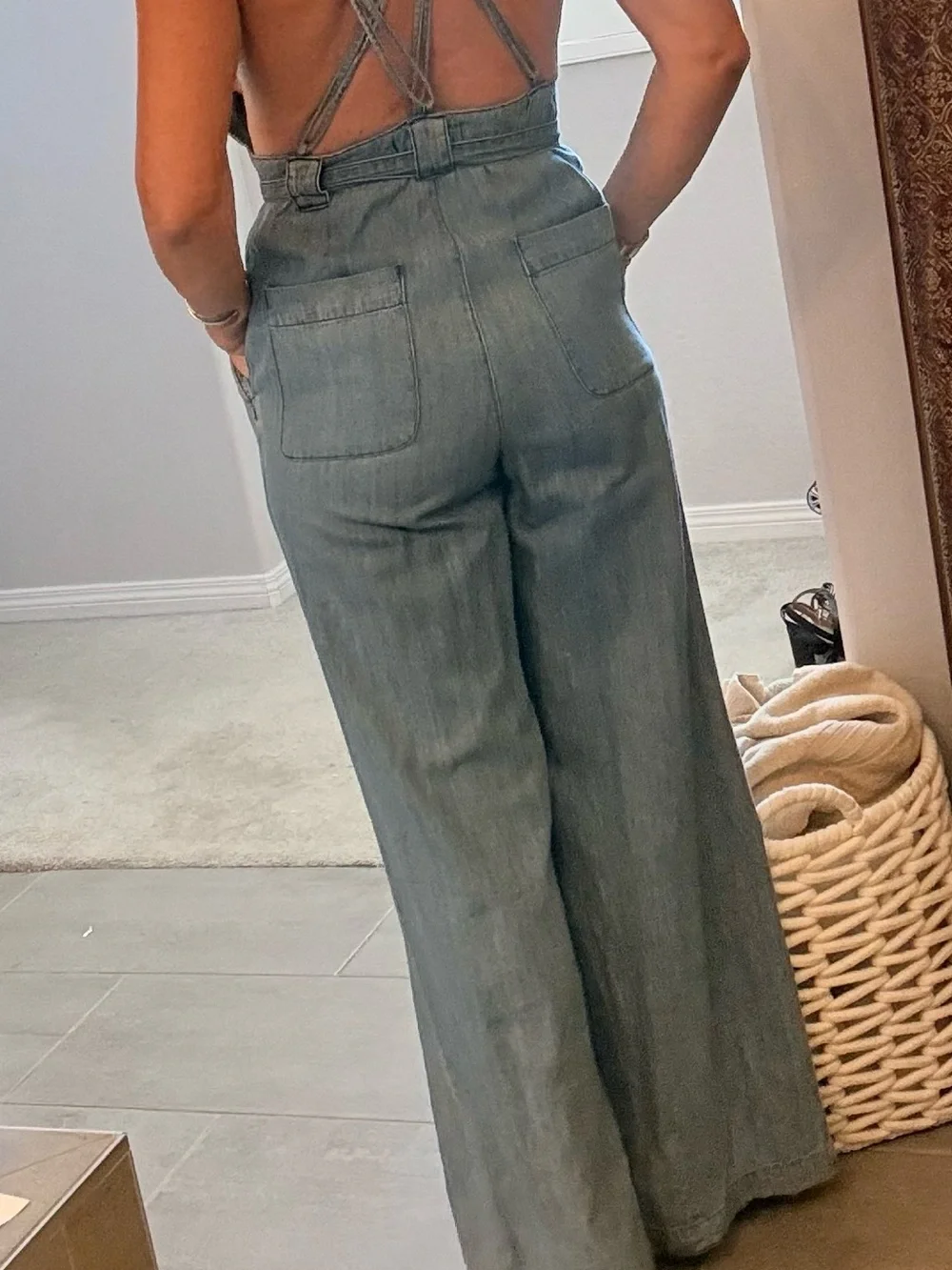 Free People Chambray Strapy Back Light Blue Denim Tie-Waist Jumpsuit